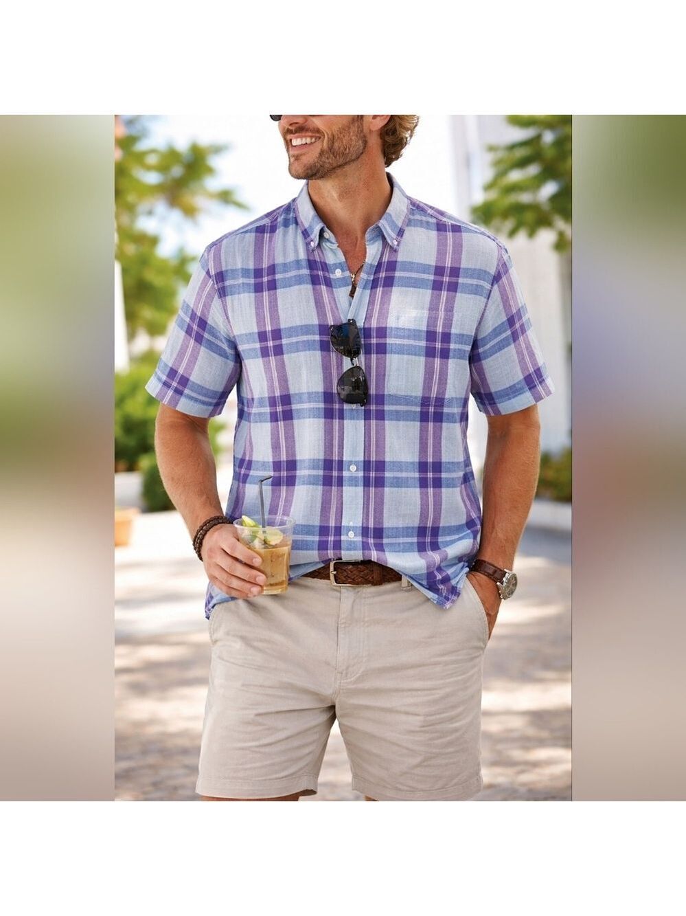Tommy Bahama Relax Linen Shirt Men’s Large Blue Purple Plaid Short Sleeve
